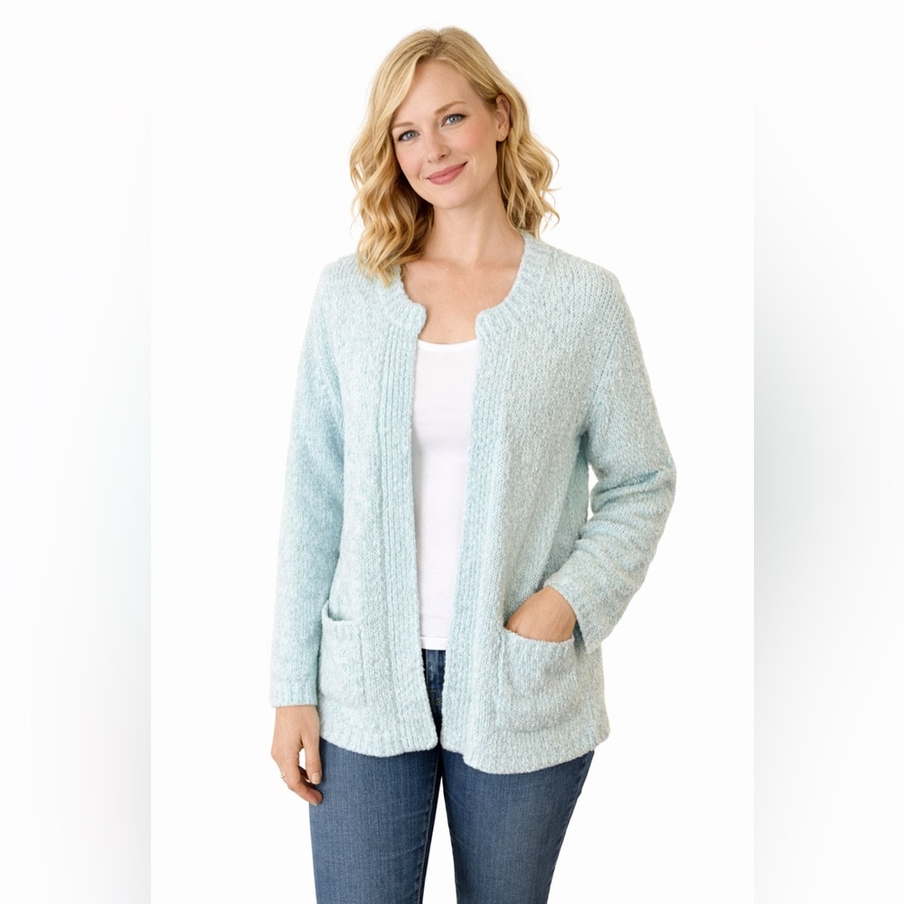 Vintage 80s Mint Knit Cardigan Sweater Open Front Cozy Layering